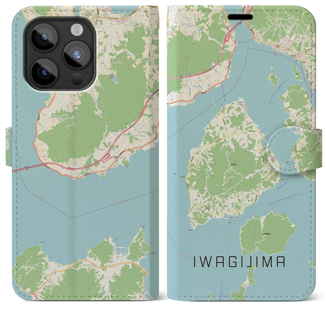 【岩城島】地図柄iPhoneケース（手帳両面タイプ・ナチュラル）iPhone 15 Pro Max 用
