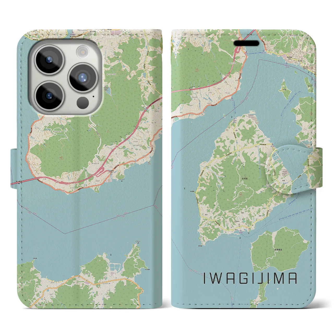【岩城島】地図柄iPhoneケース（手帳両面タイプ・ナチュラル）iPhone 15 Pro 用