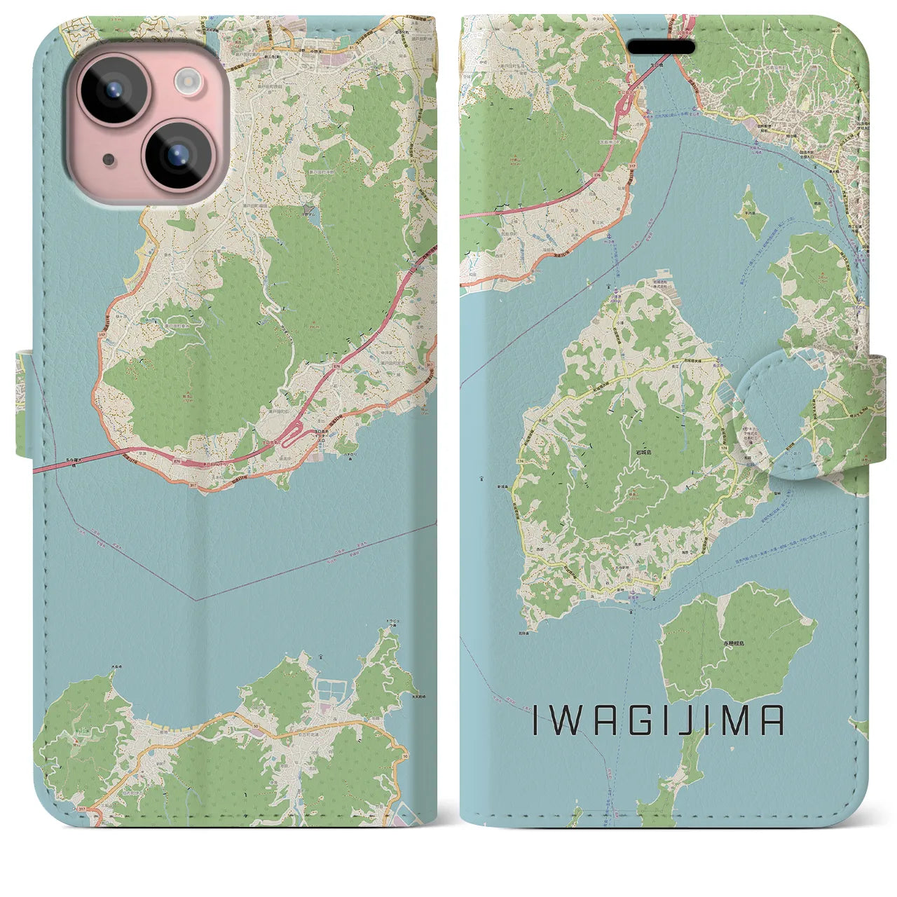 【岩城島】地図柄iPhoneケース（手帳両面タイプ・ナチュラル）iPhone 15 Plus 用