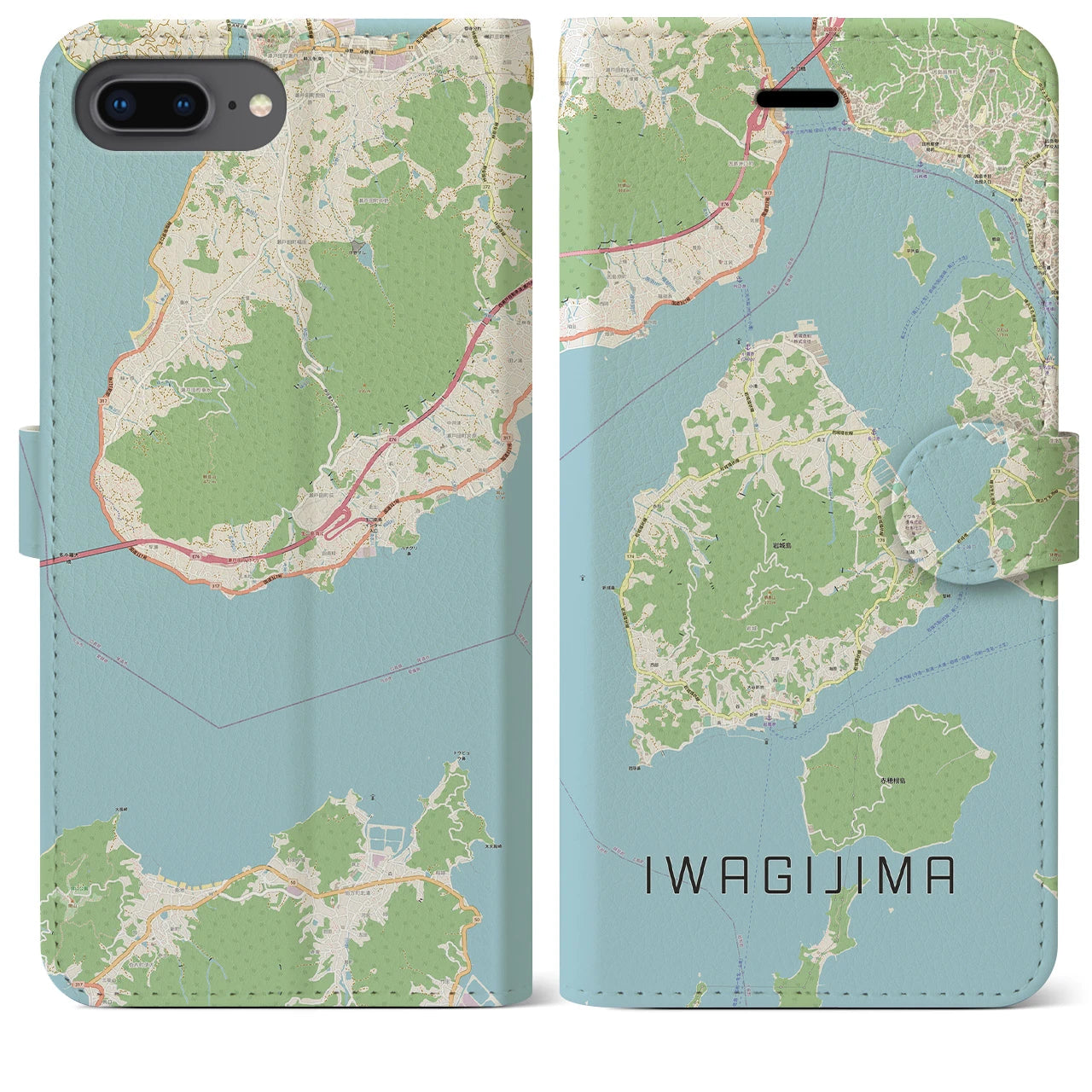 【岩城島】地図柄iPhoneケース（手帳両面タイプ・ナチュラル）iPhone 8Plus /7Plus / 6sPlus / 6Plus 用