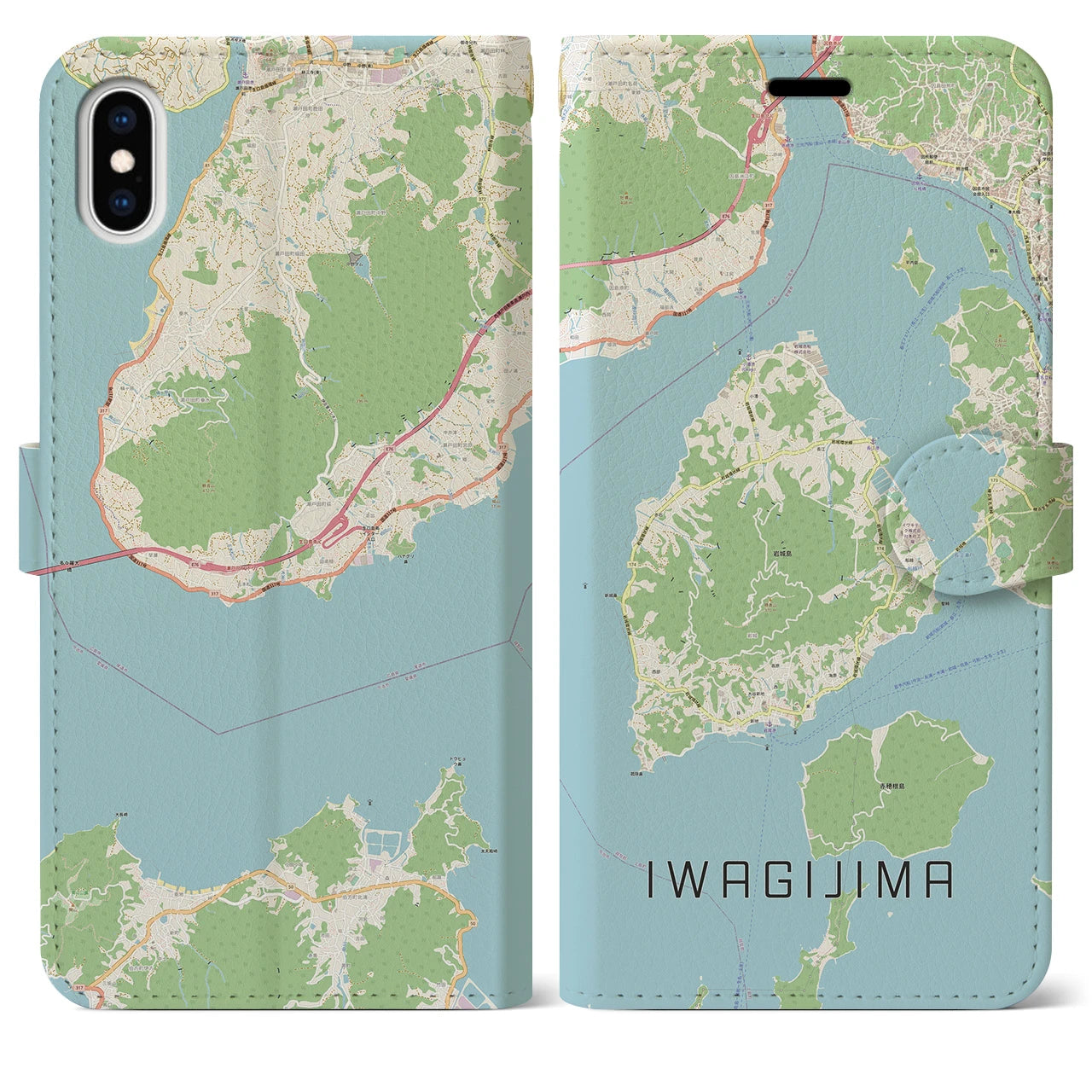 【岩城島】地図柄iPhoneケース（手帳両面タイプ・ナチュラル）iPhone XS Max 用