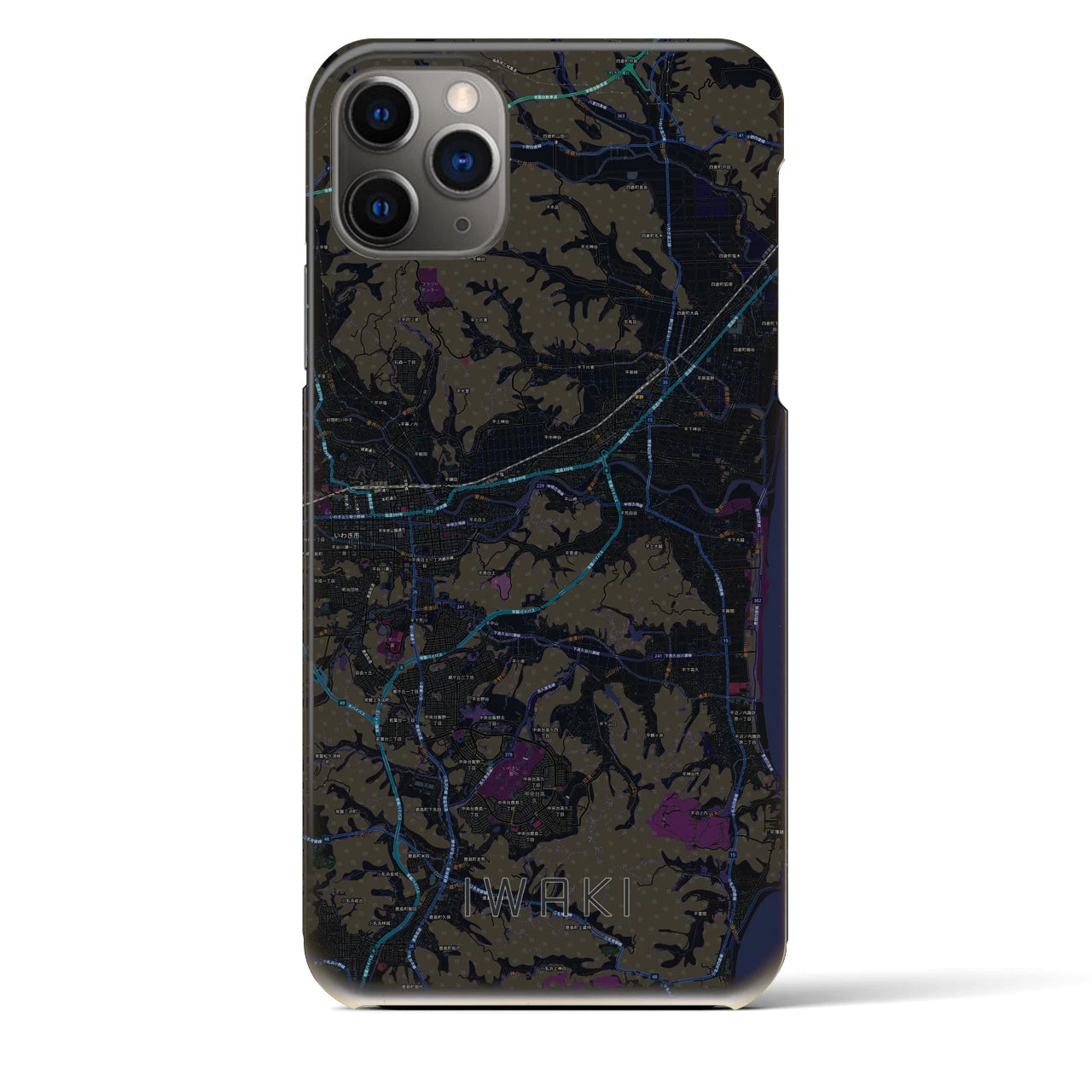 【いわき】地図柄iPhoneケース（バックカバータイプ・ブラック）iPhone 11 Pro Max 用