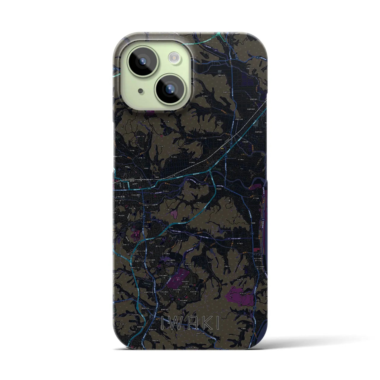 【いわき】地図柄iPhoneケース（バックカバータイプ・ブラック）iPhone 15 用