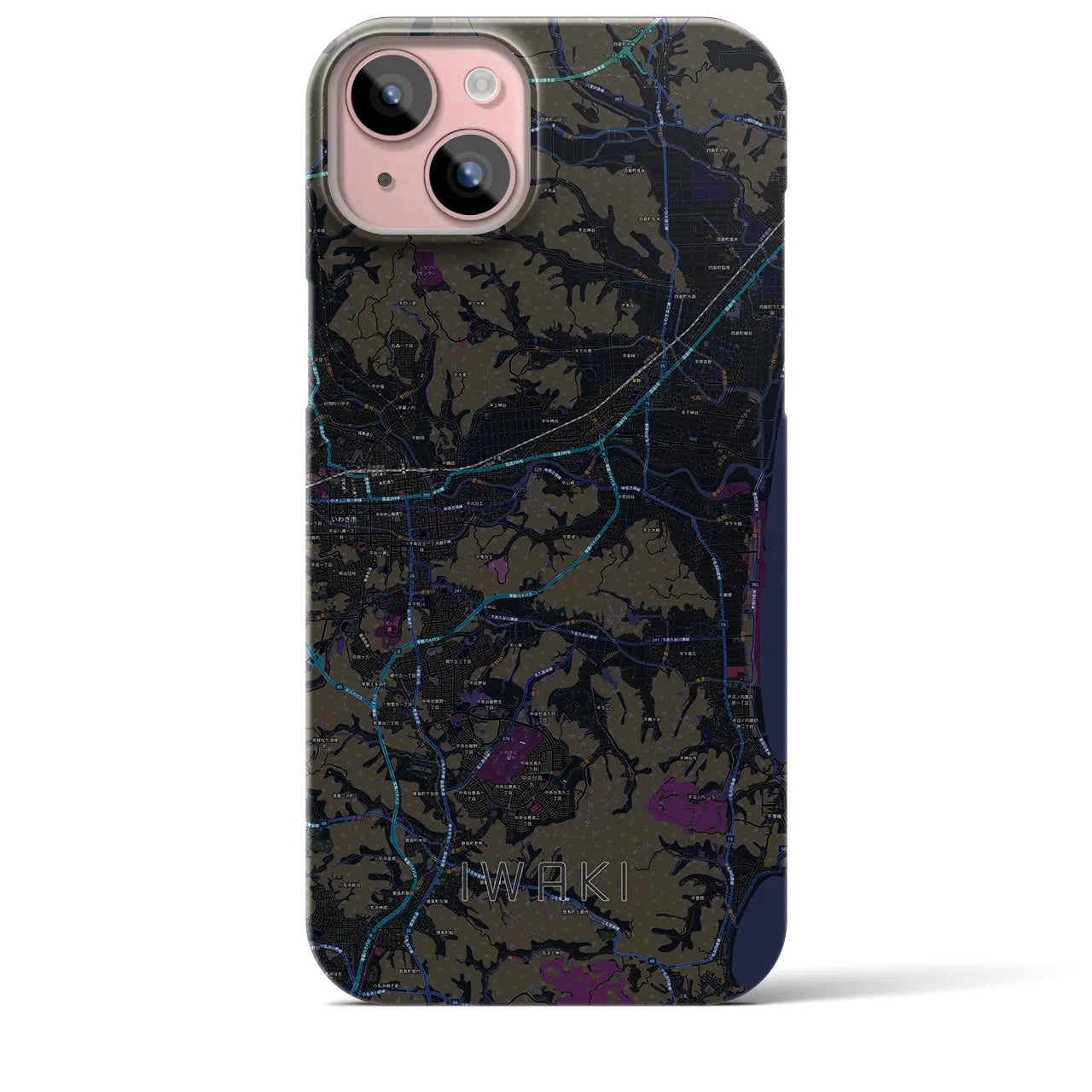 【いわき】地図柄iPhoneケース（バックカバータイプ・ブラック）iPhone 15 Plus 用
