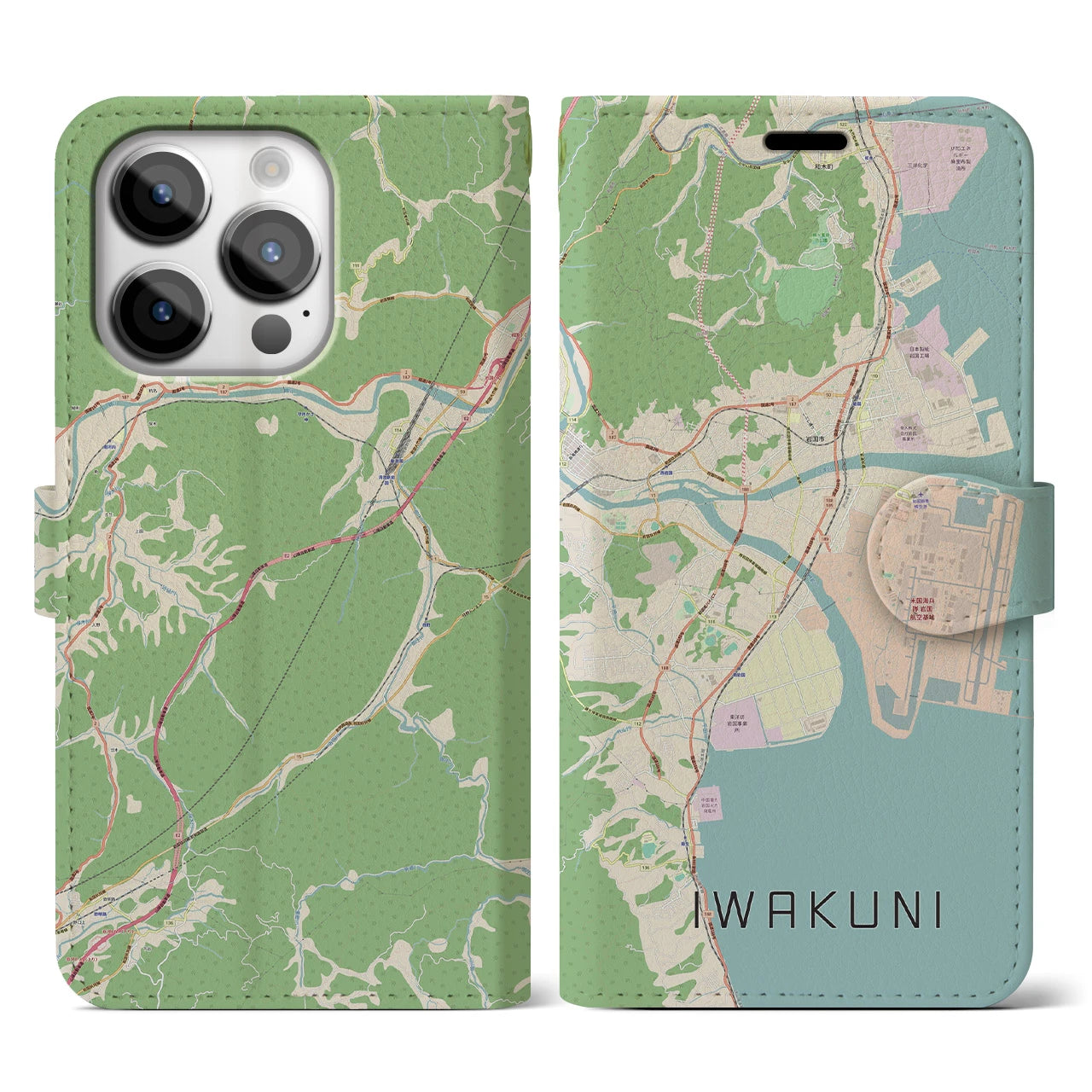 【岩国】地図柄iPhoneケース（手帳両面タイプ・ナチュラル）iPhone 14 Pro 用