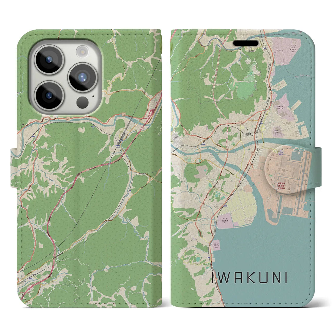 【岩国】地図柄iPhoneケース（手帳両面タイプ・ナチュラル）iPhone 15 Pro 用