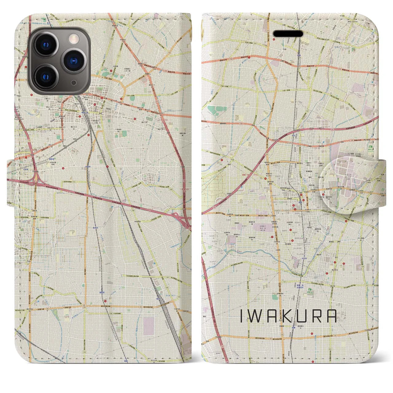 【岩倉】地図柄iPhoneケース（手帳両面タイプ・ナチュラル）iPhone 11 Pro Max 用
