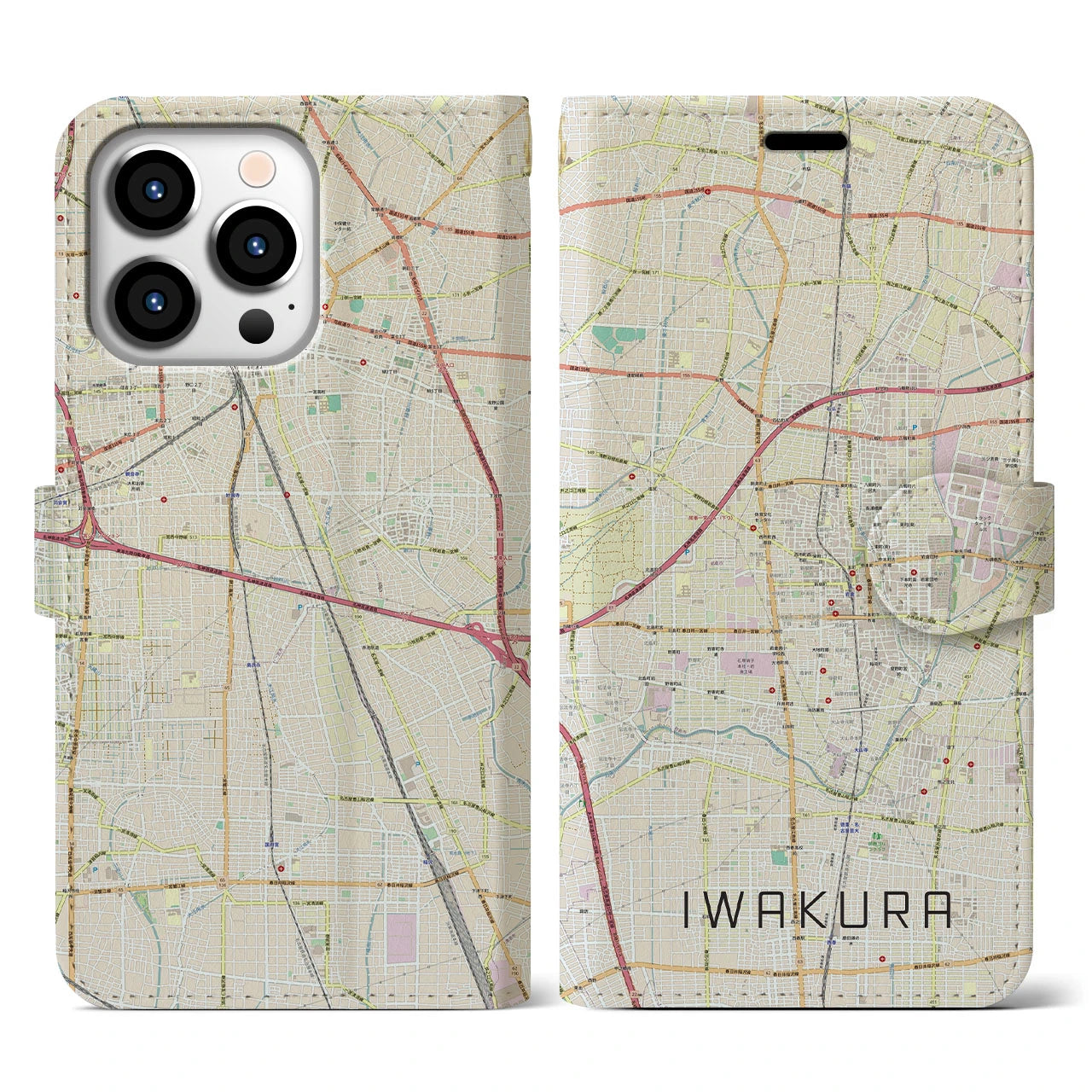【岩倉】地図柄iPhoneケース（手帳両面タイプ・ナチュラル）iPhone 13 Pro 用