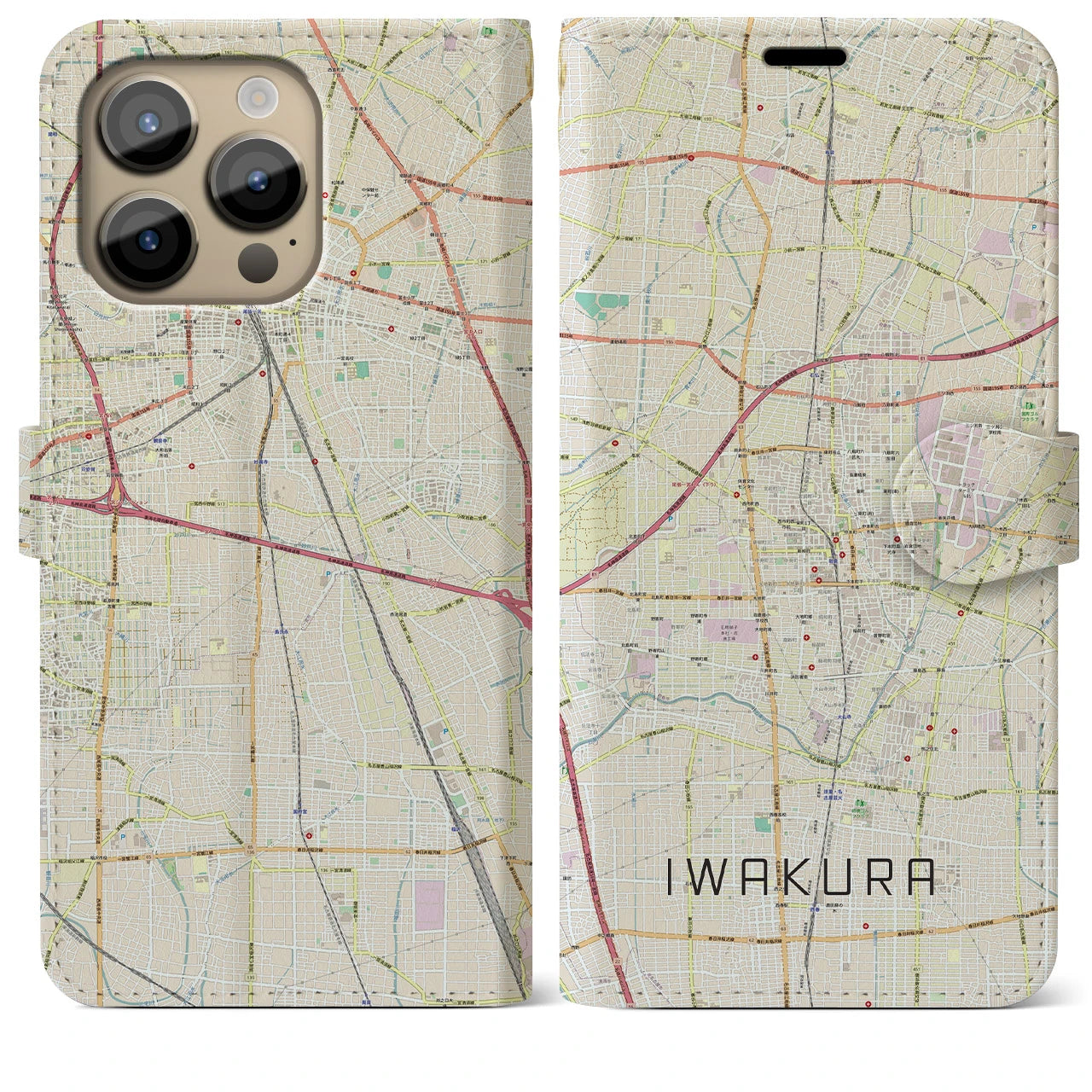 【岩倉】地図柄iPhoneケース（手帳両面タイプ・ナチュラル）iPhone 14 Pro Max 用