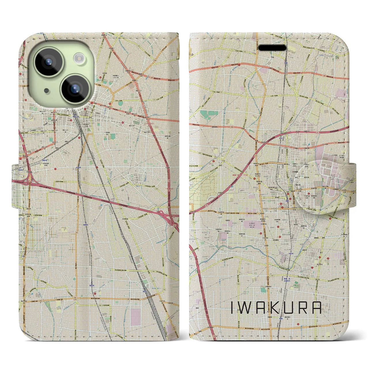 【岩倉】地図柄iPhoneケース（手帳両面タイプ・ナチュラル）iPhone 15 用