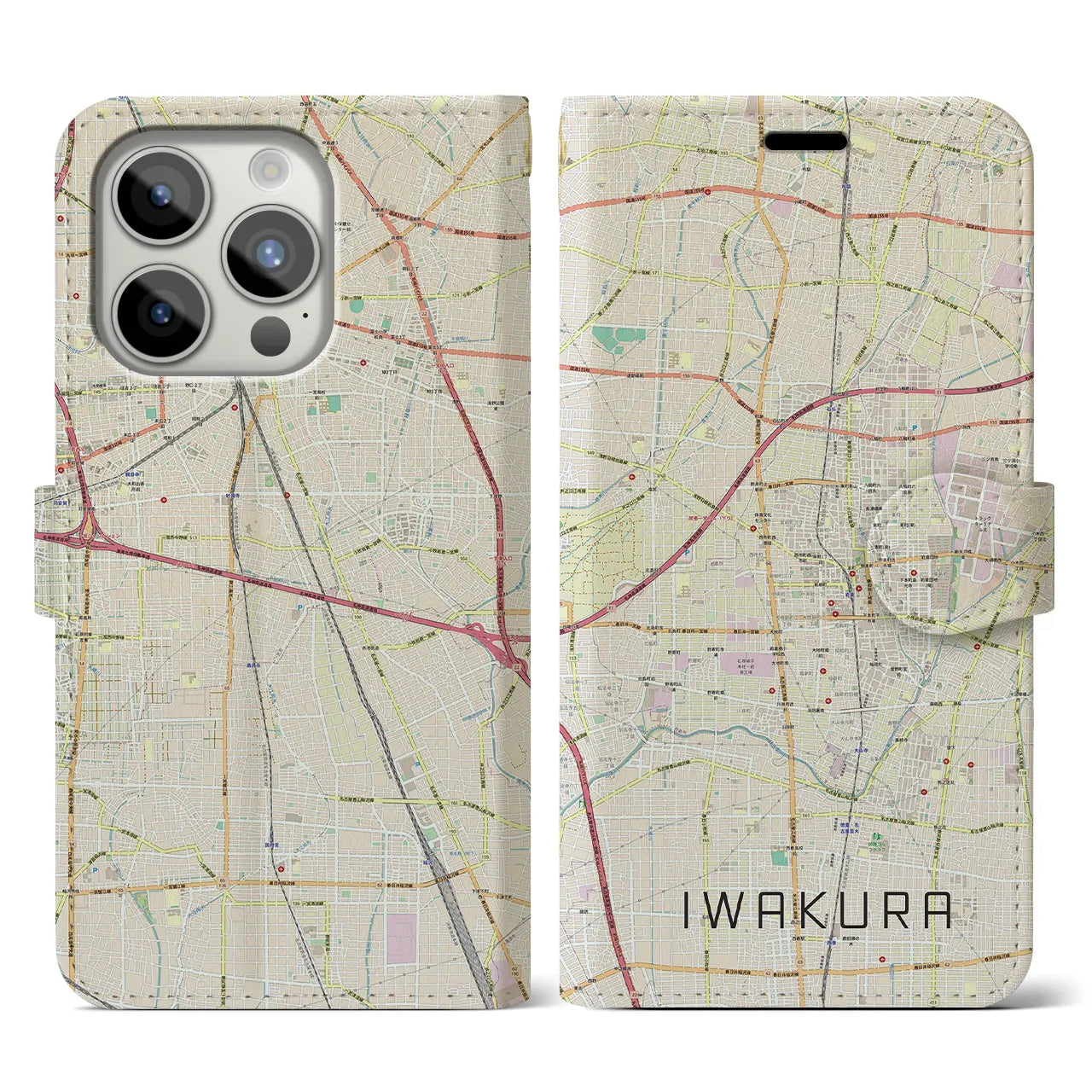 【岩倉】地図柄iPhoneケース（手帳両面タイプ・ナチュラル）iPhone 15 Pro 用