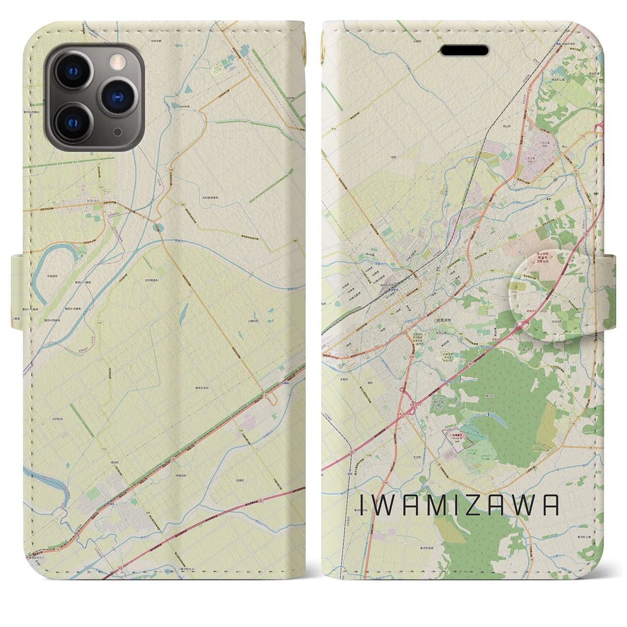 【岩見沢】地図柄iPhoneケース（手帳両面タイプ・ナチュラル）iPhone 11 Pro Max 用