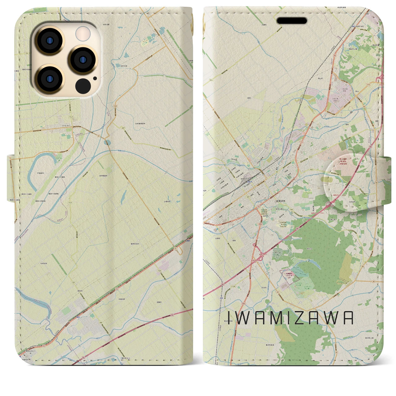 【岩見沢】地図柄iPhoneケース（手帳両面タイプ・ナチュラル）iPhone 12 Pro Max 用