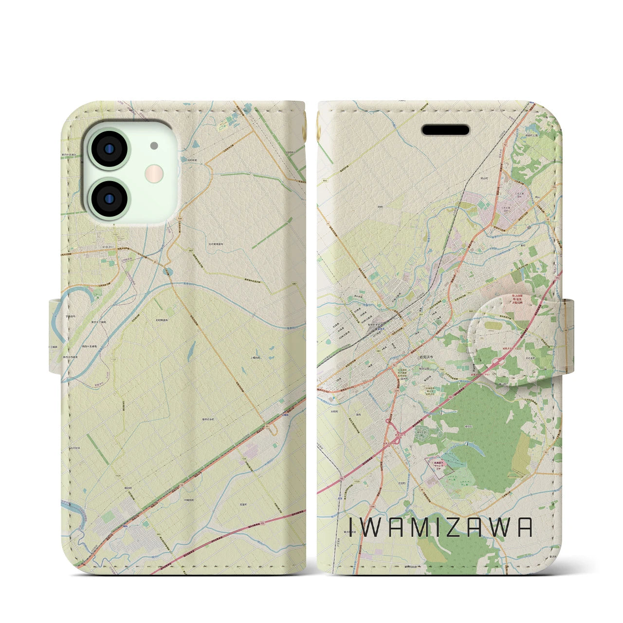 【岩見沢】地図柄iPhoneケース（手帳両面タイプ・ナチュラル）iPhone 12 mini 用