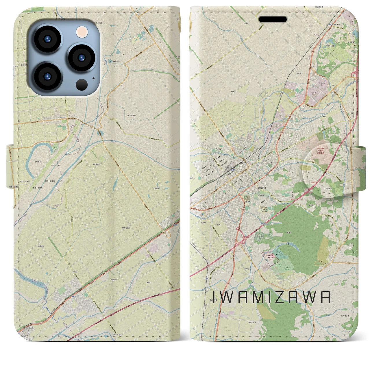 【岩見沢】地図柄iPhoneケース（手帳両面タイプ・ナチュラル）iPhone 13 Pro Max 用