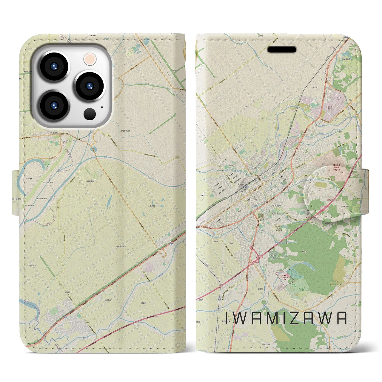 【岩見沢】地図柄iPhoneケース（手帳両面タイプ・ナチュラル）iPhone 13 Pro 用