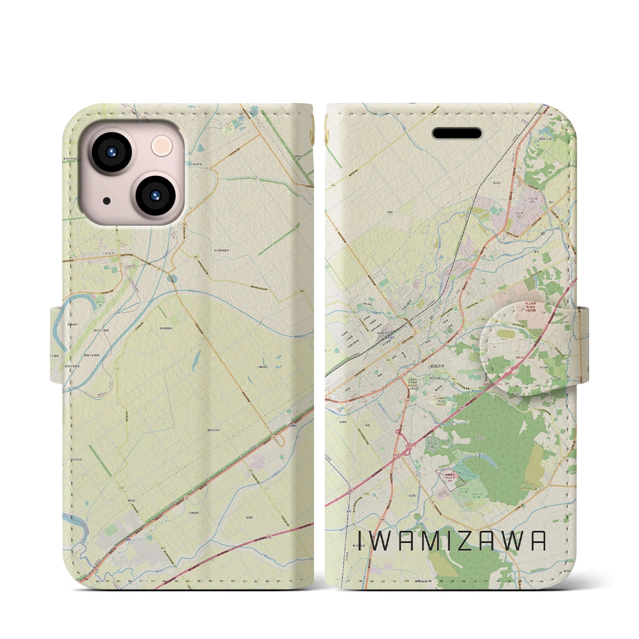 【岩見沢】地図柄iPhoneケース（手帳両面タイプ・ナチュラル）iPhone 13 mini 用