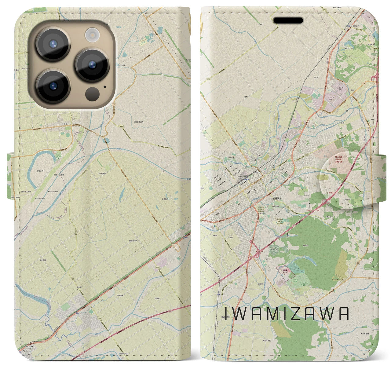 【岩見沢】地図柄iPhoneケース（手帳両面タイプ・ナチュラル）iPhone 14 Pro Max 用