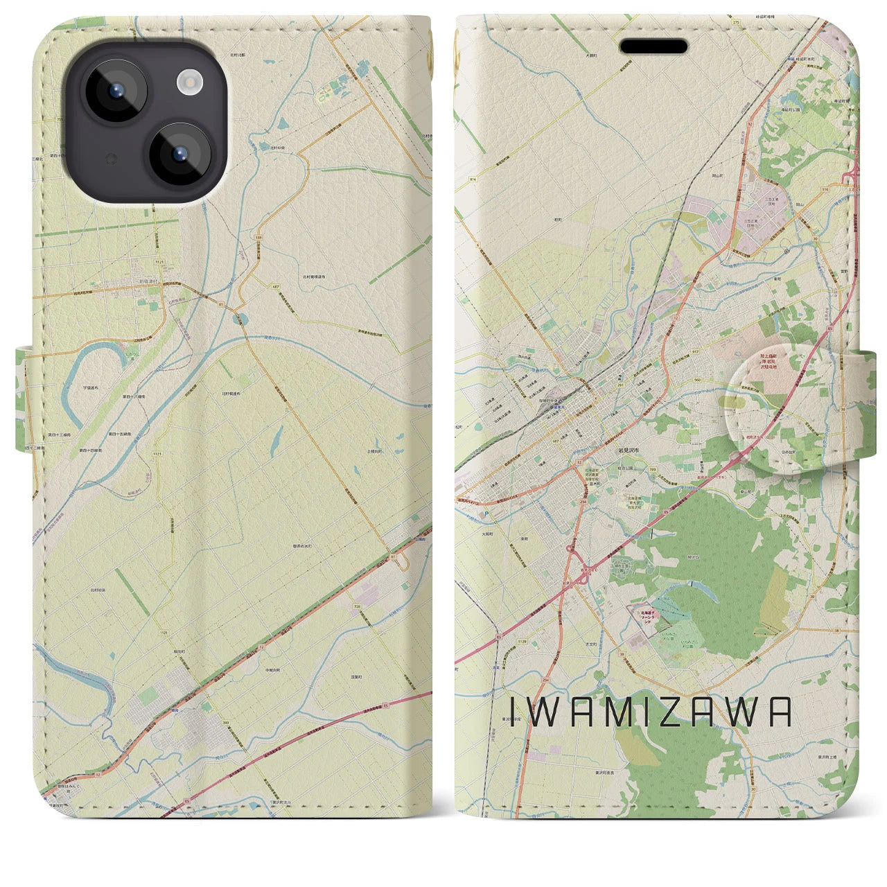 【岩見沢】地図柄iPhoneケース（手帳両面タイプ・ナチュラル）iPhone 14 Plus 用