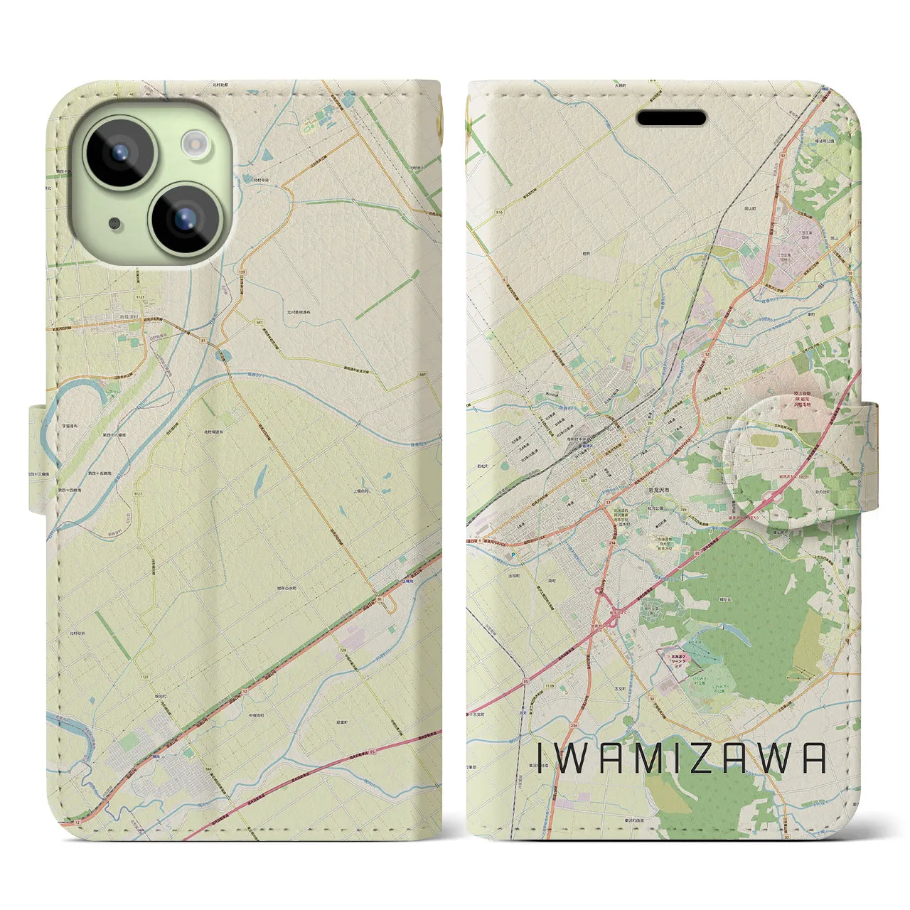 【岩見沢】地図柄iPhoneケース（手帳両面タイプ・ナチュラル）iPhone 15 用