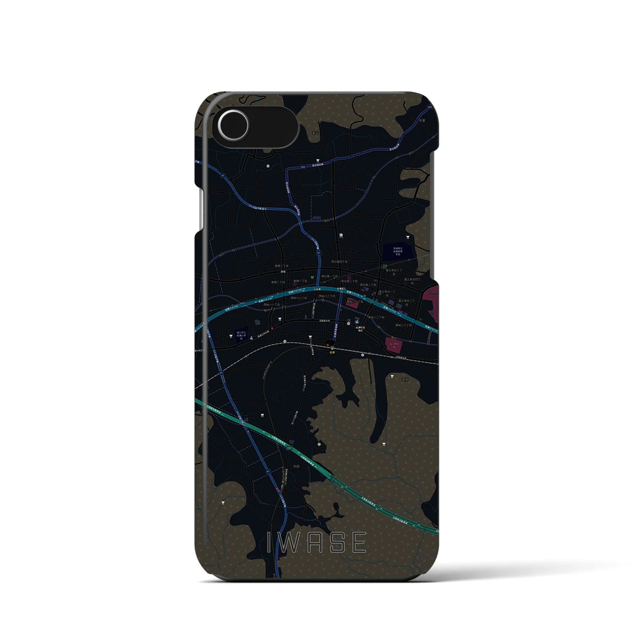 【岩瀬】地図柄iPhoneケース（バックカバータイプ・ブラック）iPhone SE（第3 / 第2世代） / 8 / 7 / 6s / 6 用