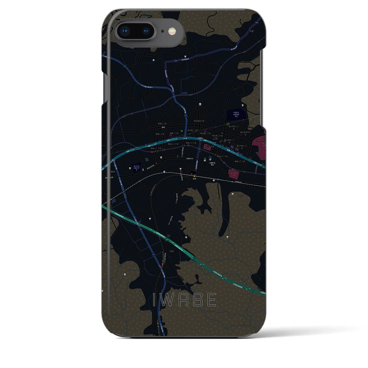 【岩瀬】地図柄iPhoneケース（バックカバータイプ・ブラック）iPhone 8Plus /7Plus / 6sPlus / 6Plus 用