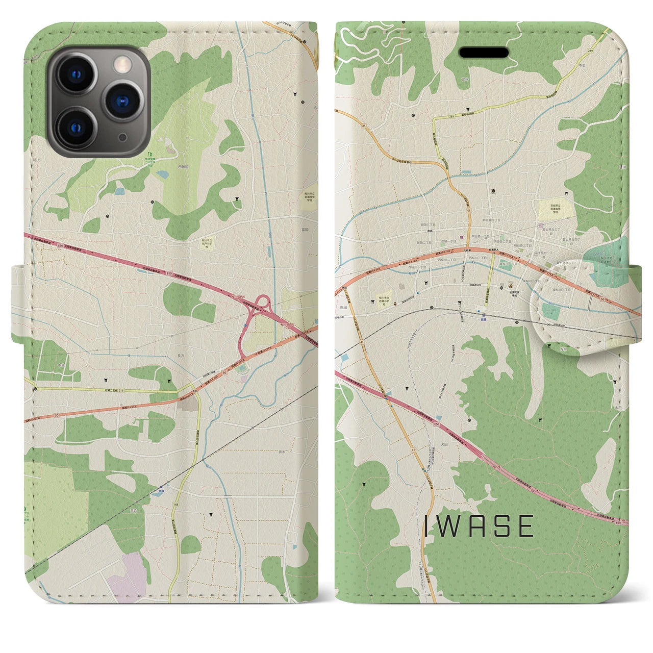 【岩瀬】地図柄iPhoneケース（手帳両面タイプ・ナチュラル）iPhone 11 Pro Max 用