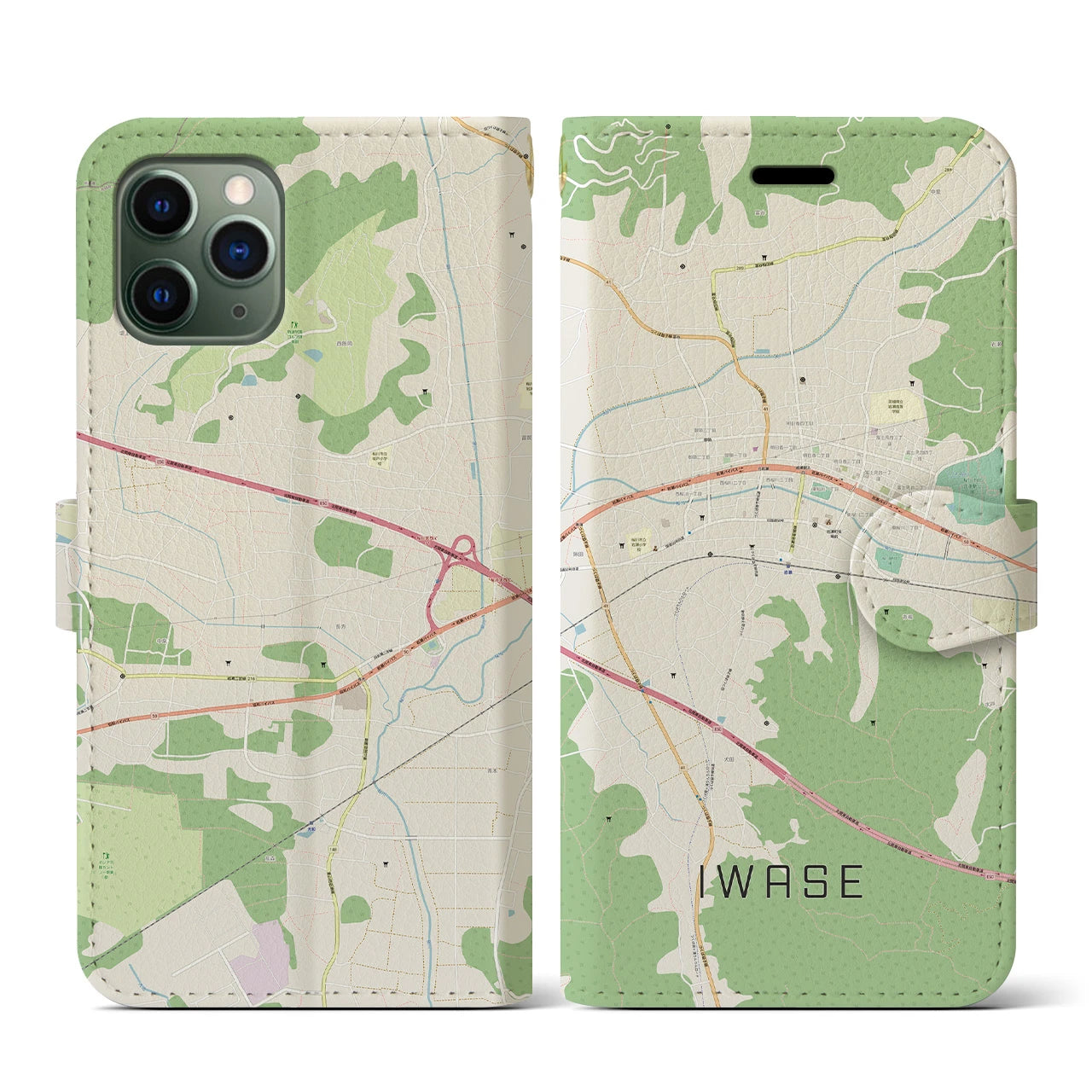 【岩瀬】地図柄iPhoneケース（手帳両面タイプ・ナチュラル）iPhone 11 Pro 用