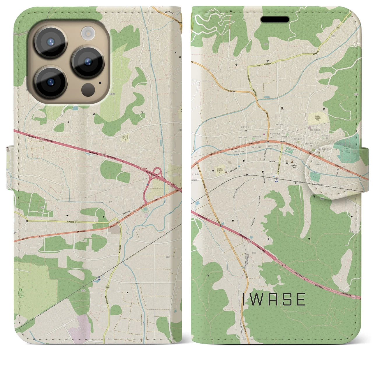 【岩瀬】地図柄iPhoneケース（手帳両面タイプ・ナチュラル）iPhone 14 Pro Max 用