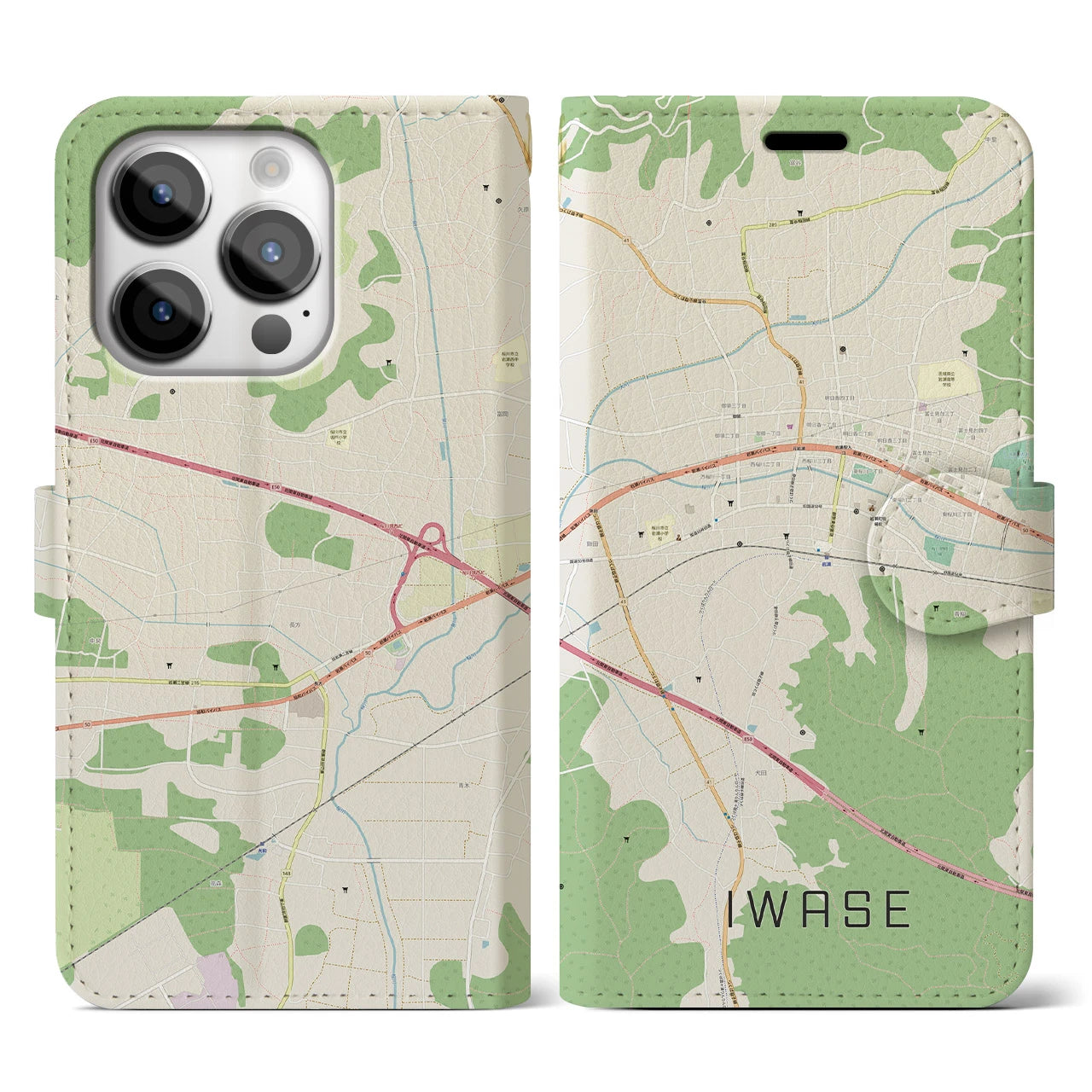 【岩瀬】地図柄iPhoneケース（手帳両面タイプ・ナチュラル）iPhone 14 Pro 用