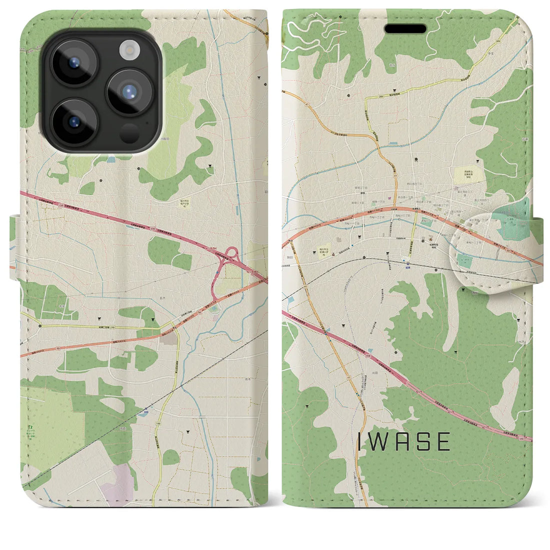 【岩瀬】地図柄iPhoneケース（手帳両面タイプ・ナチュラル）iPhone 15 Pro Max 用