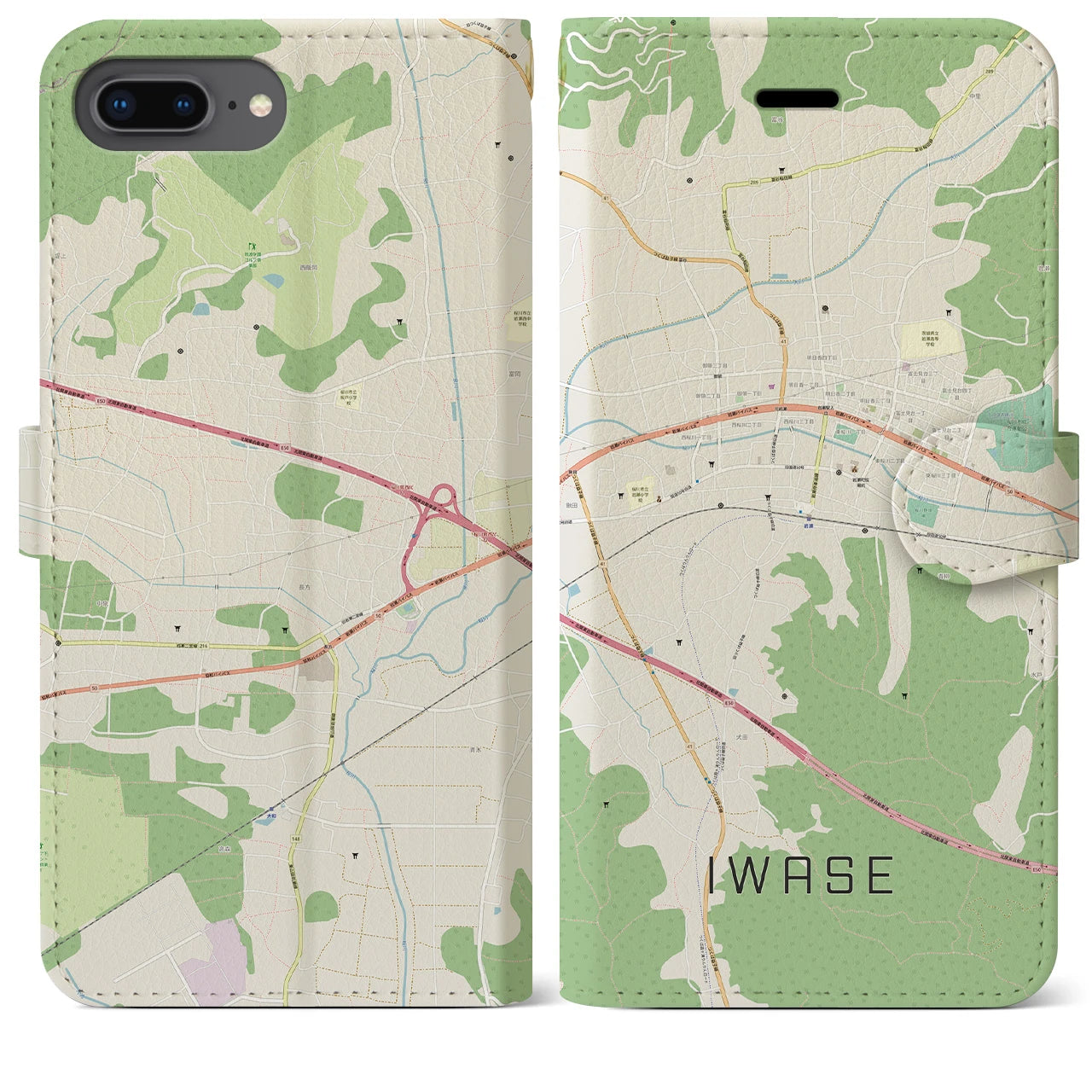【岩瀬】地図柄iPhoneケース（手帳両面タイプ・ナチュラル）iPhone 8Plus /7Plus / 6sPlus / 6Plus 用