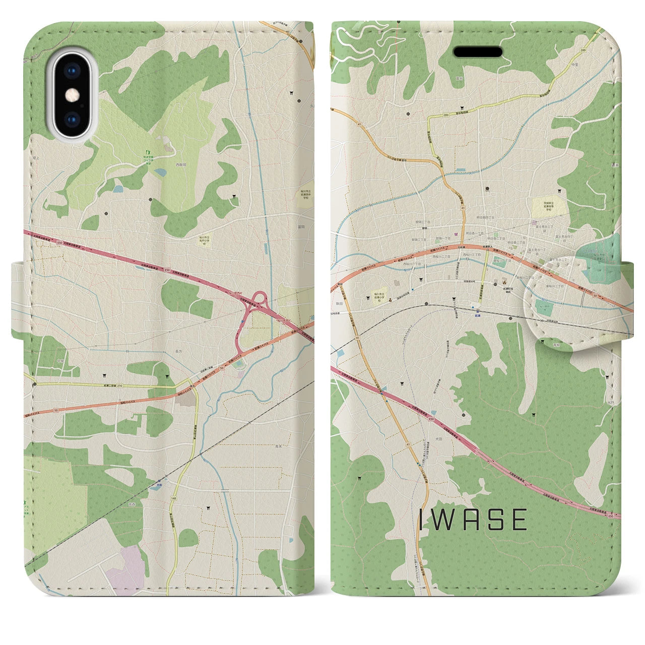 【岩瀬】地図柄iPhoneケース（手帳両面タイプ・ナチュラル）iPhone XS Max 用