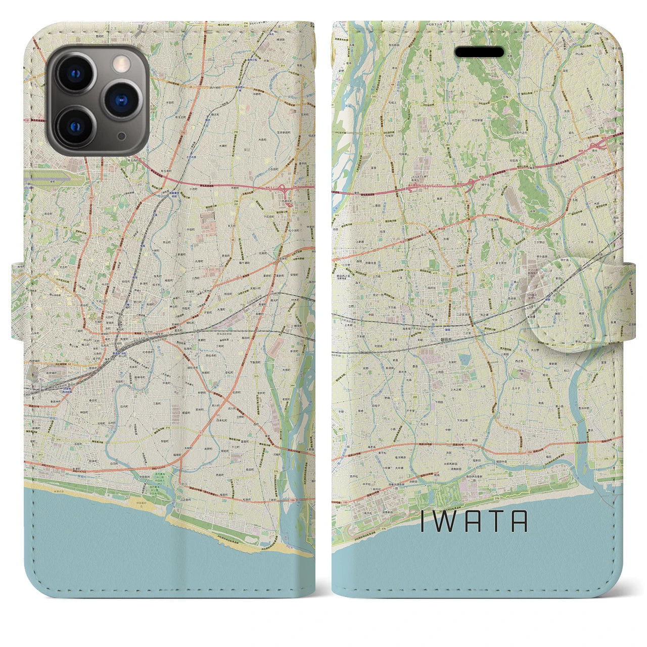 【磐田】地図柄iPhoneケース（手帳両面タイプ・ナチュラル）iPhone 11 Pro Max 用