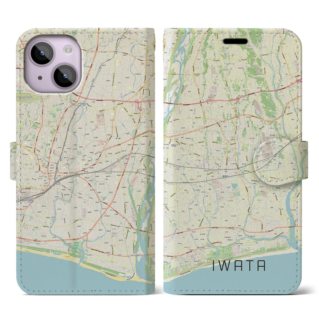 【磐田】地図柄iPhoneケース（手帳両面タイプ・ナチュラル）iPhone 14 用