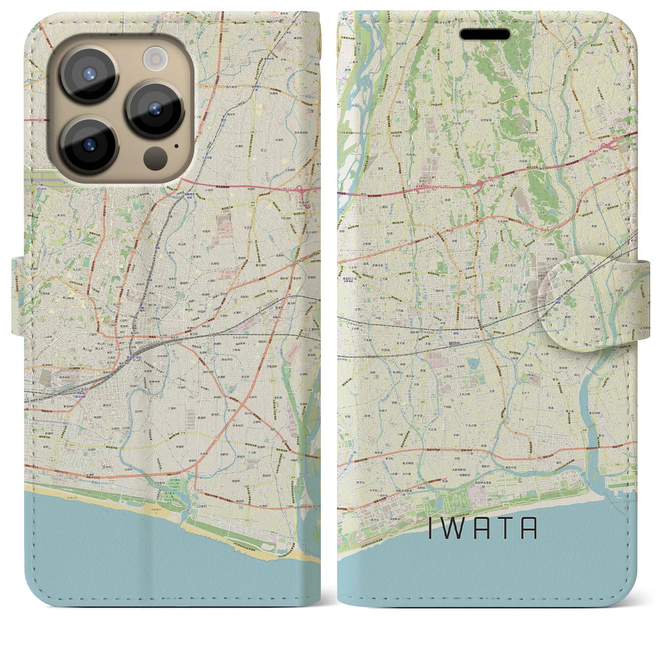 【磐田】地図柄iPhoneケース（手帳両面タイプ・ナチュラル）iPhone 14 Pro Max 用