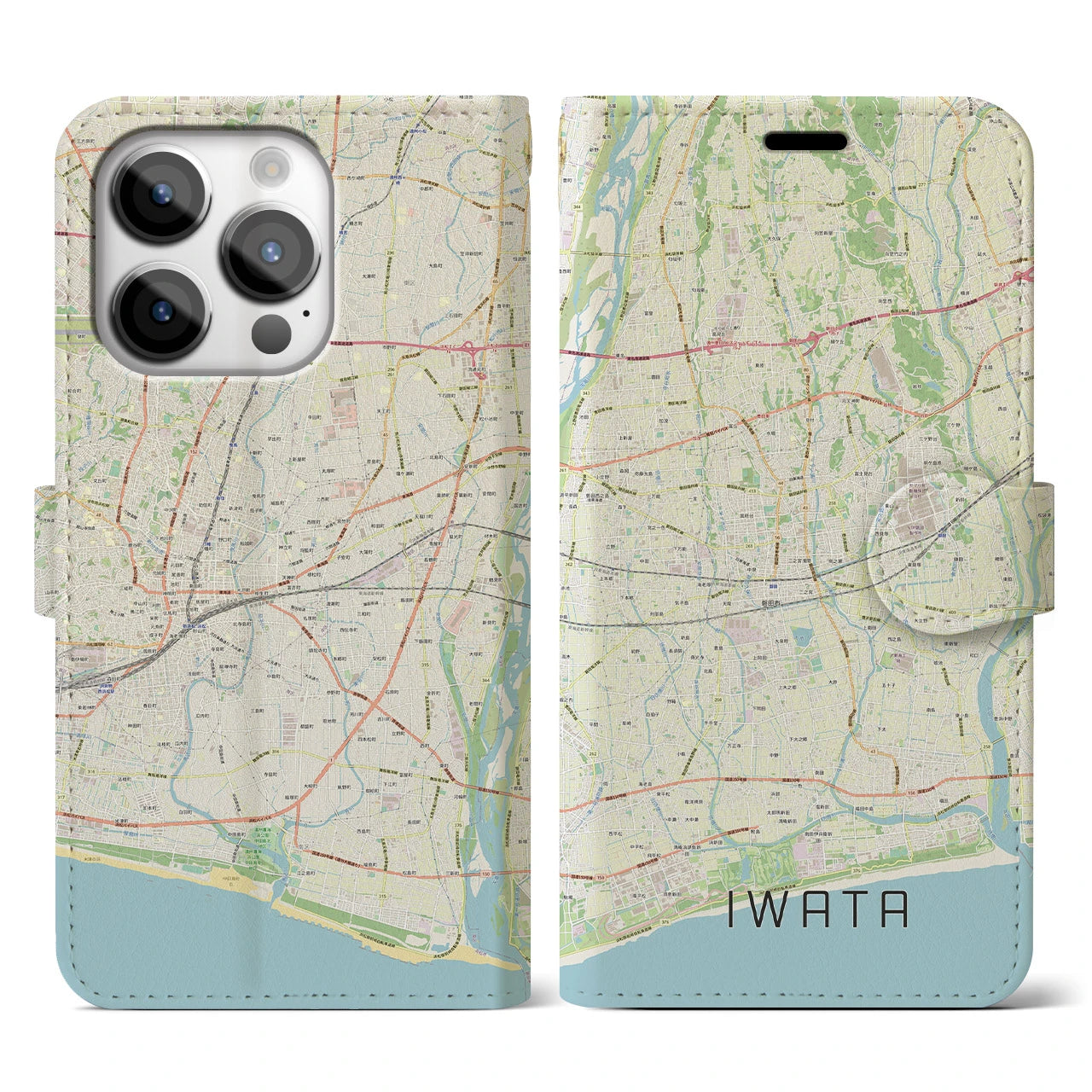 【磐田】地図柄iPhoneケース（手帳両面タイプ・ナチュラル）iPhone 14 Pro 用