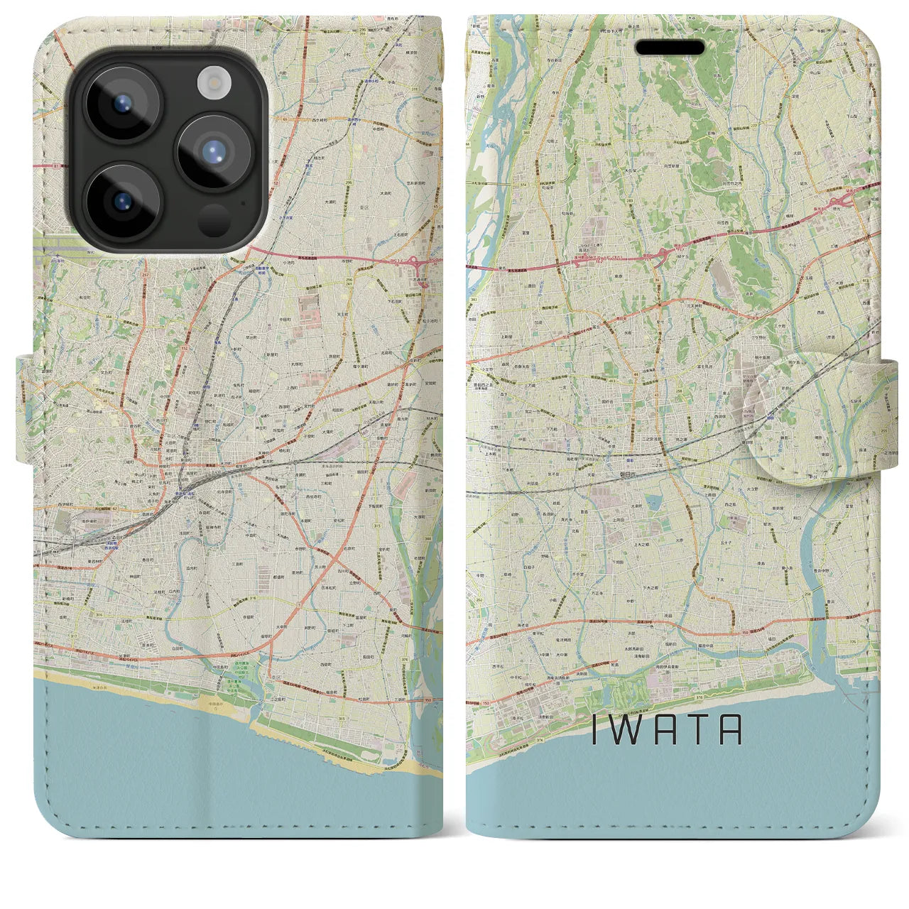 【磐田】地図柄iPhoneケース（手帳両面タイプ・ナチュラル）iPhone 15 Pro Max 用
