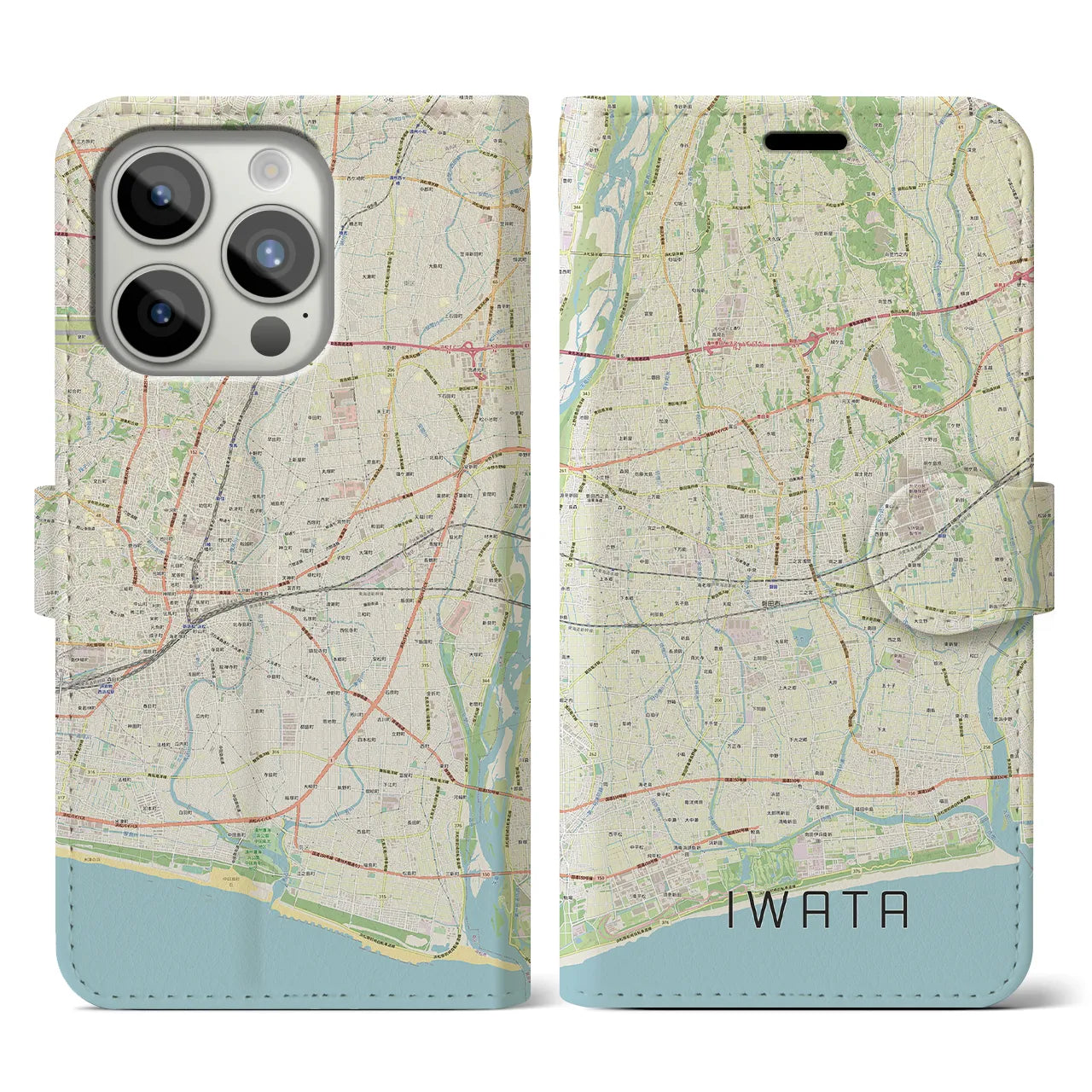 【磐田】地図柄iPhoneケース（手帳両面タイプ・ナチュラル）iPhone 15 Pro 用