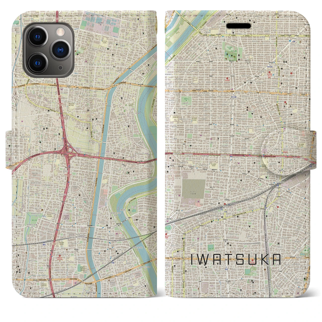 【岩塚】地図柄iPhoneケース（手帳両面タイプ・ナチュラル）iPhone 11 Pro Max 用