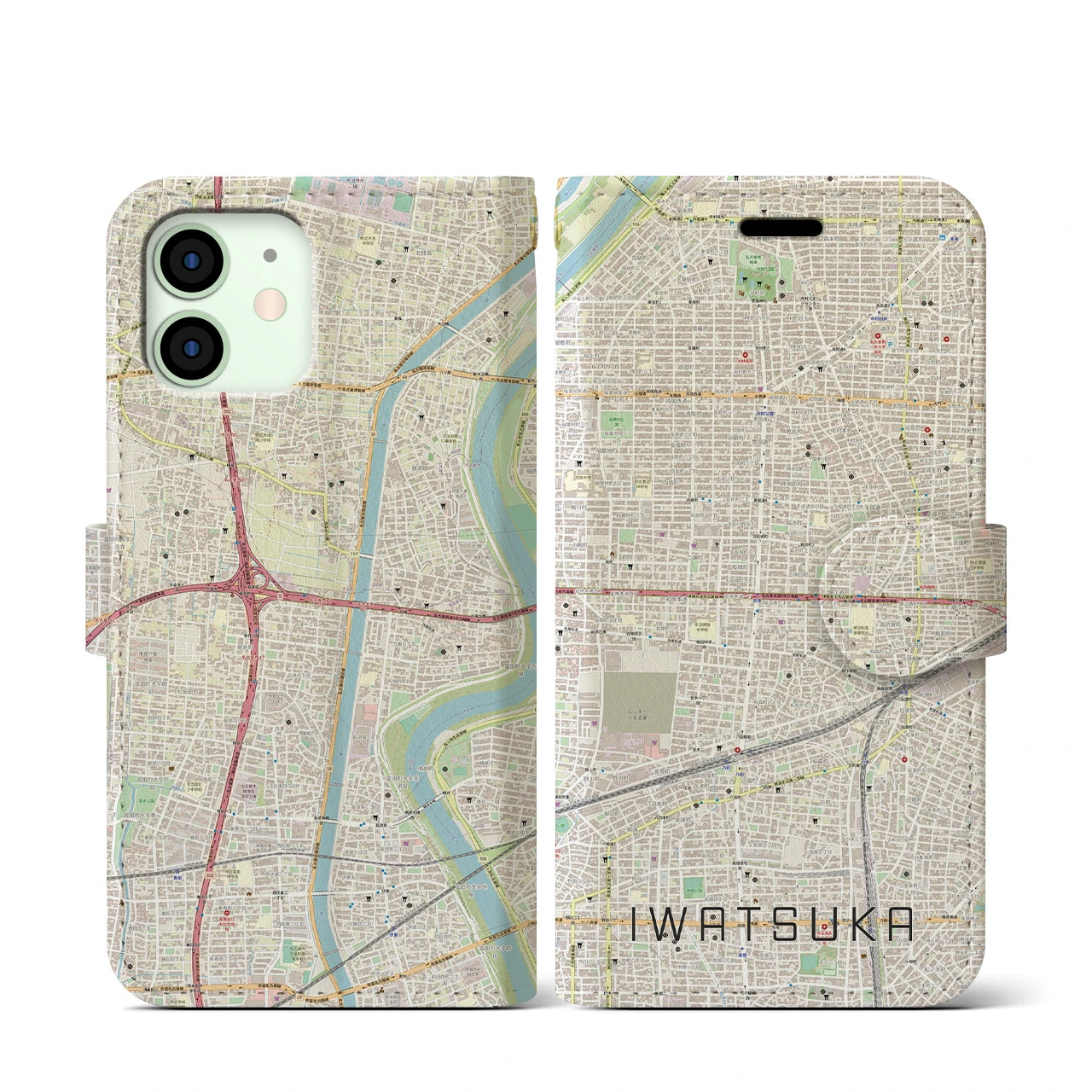 【岩塚】地図柄iPhoneケース（手帳両面タイプ・ナチュラル）iPhone 12 mini 用