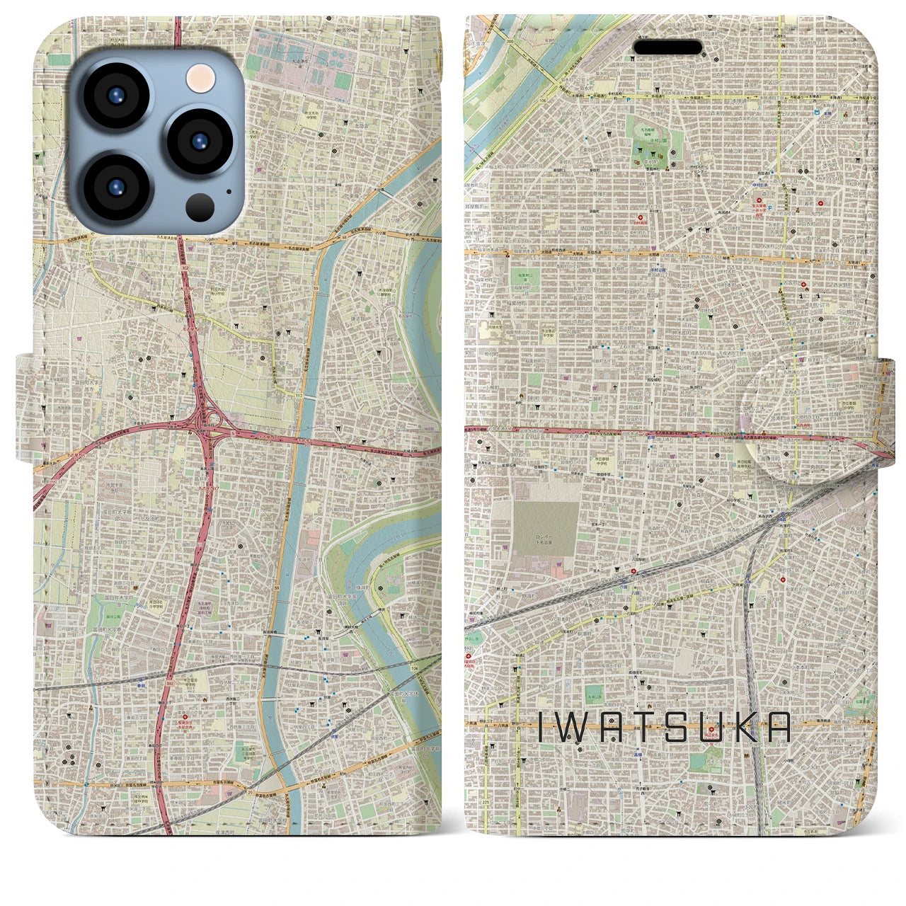 【岩塚】地図柄iPhoneケース（手帳両面タイプ・ナチュラル）iPhone 13 Pro Max 用