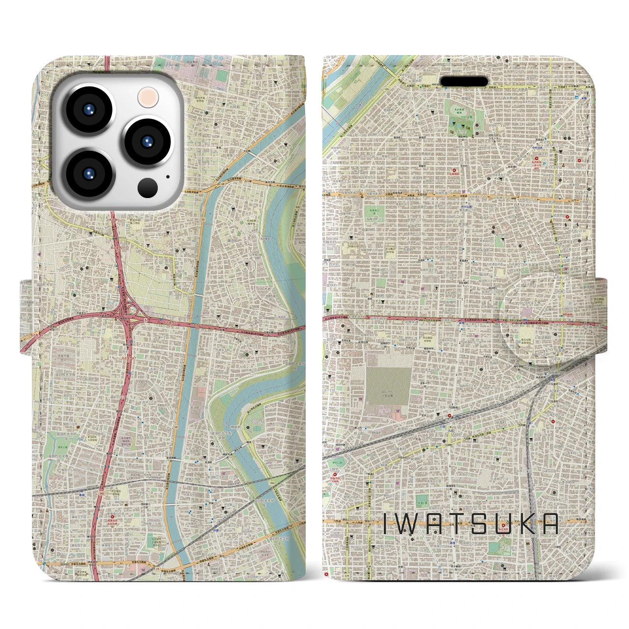 【岩塚】地図柄iPhoneケース（手帳両面タイプ・ナチュラル）iPhone 13 Pro 用