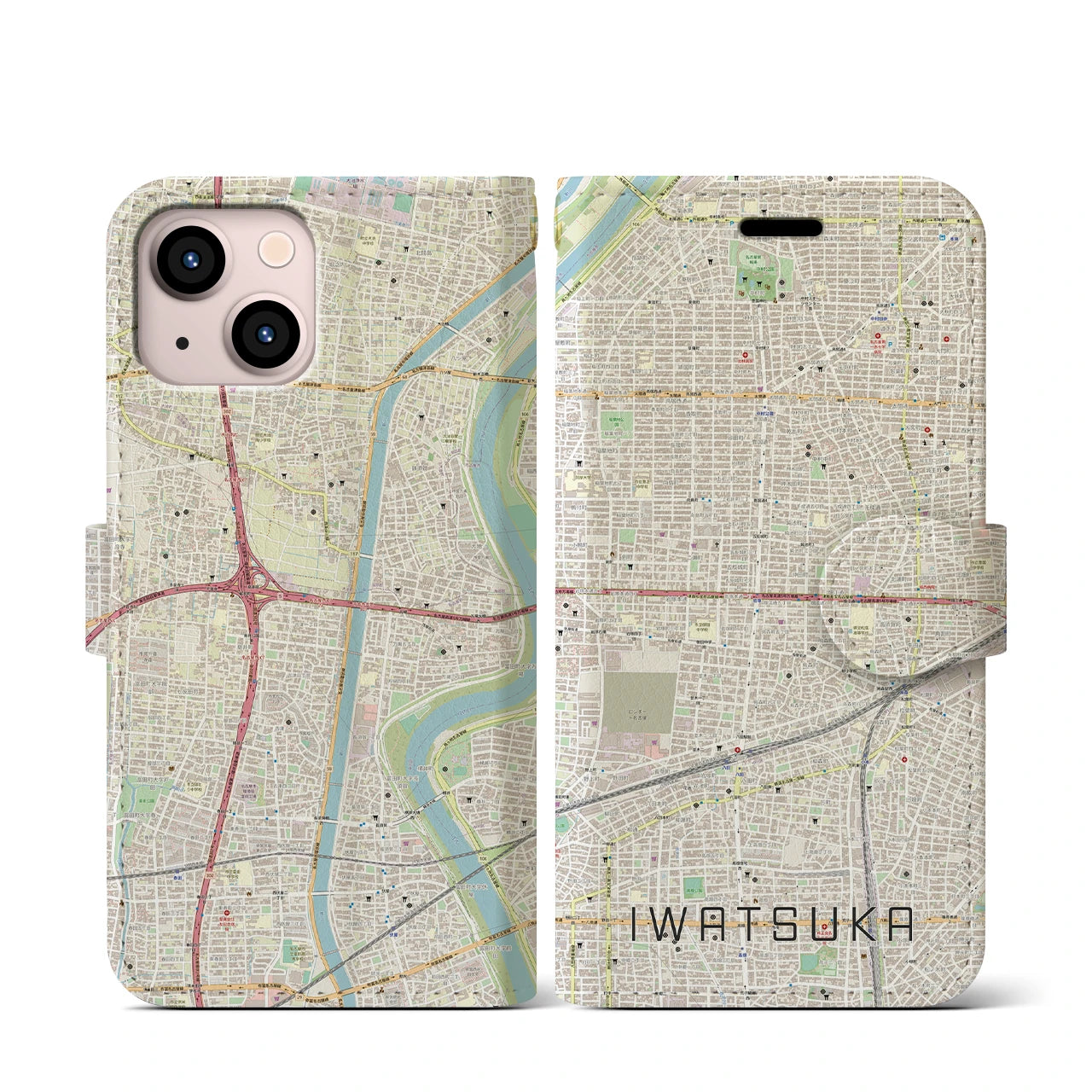 【岩塚】地図柄iPhoneケース（手帳両面タイプ・ナチュラル）iPhone 13 mini 用