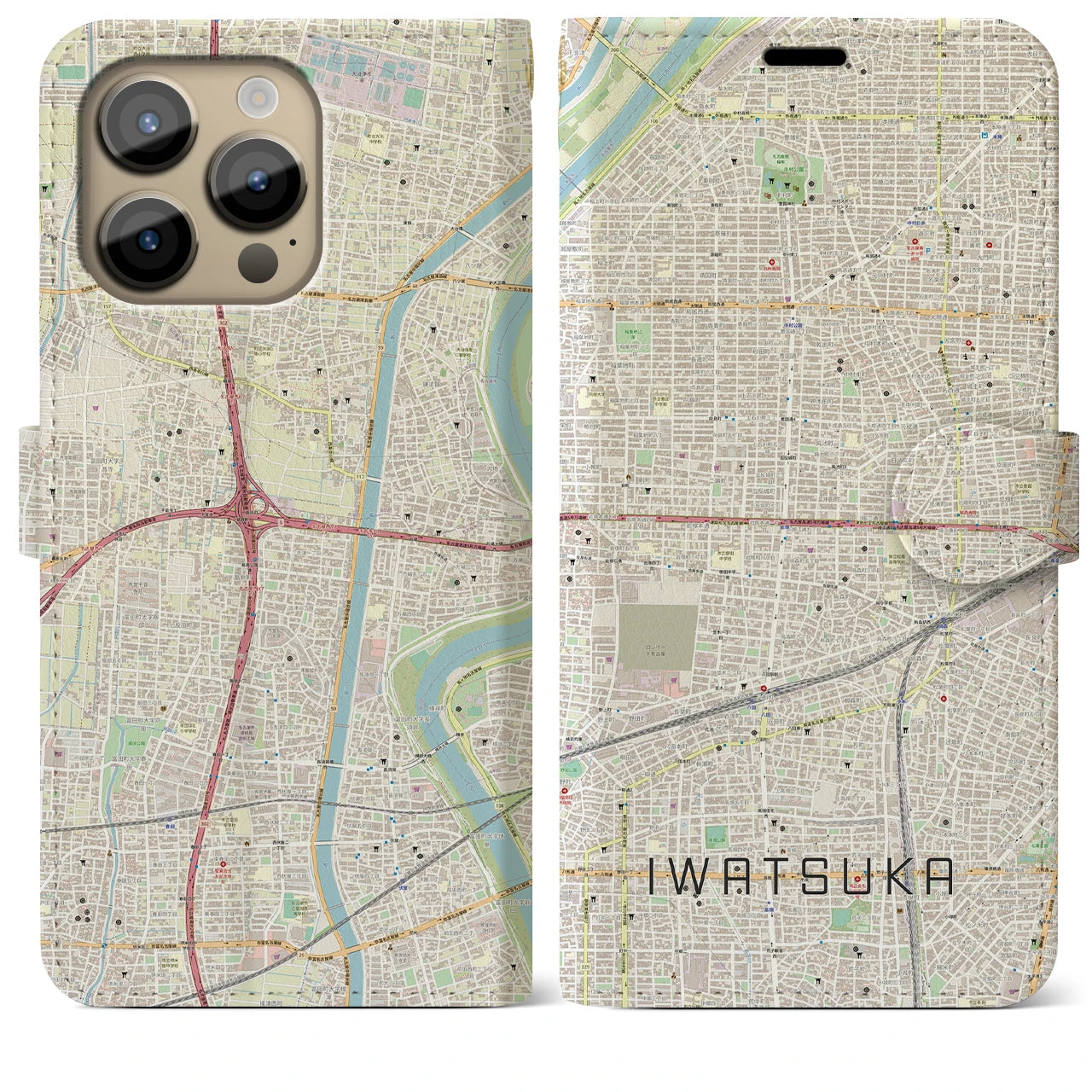 【岩塚】地図柄iPhoneケース（手帳両面タイプ・ナチュラル）iPhone 14 Pro Max 用