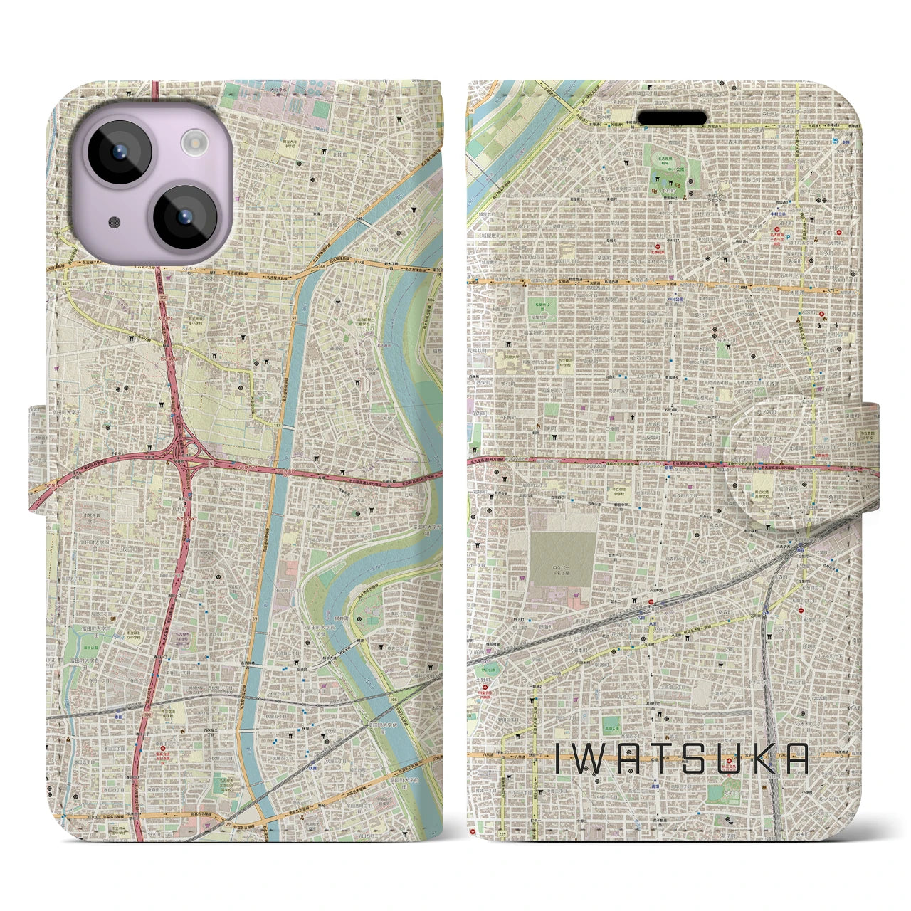【岩塚】地図柄iPhoneケース（手帳両面タイプ・ナチュラル）iPhone 14 用