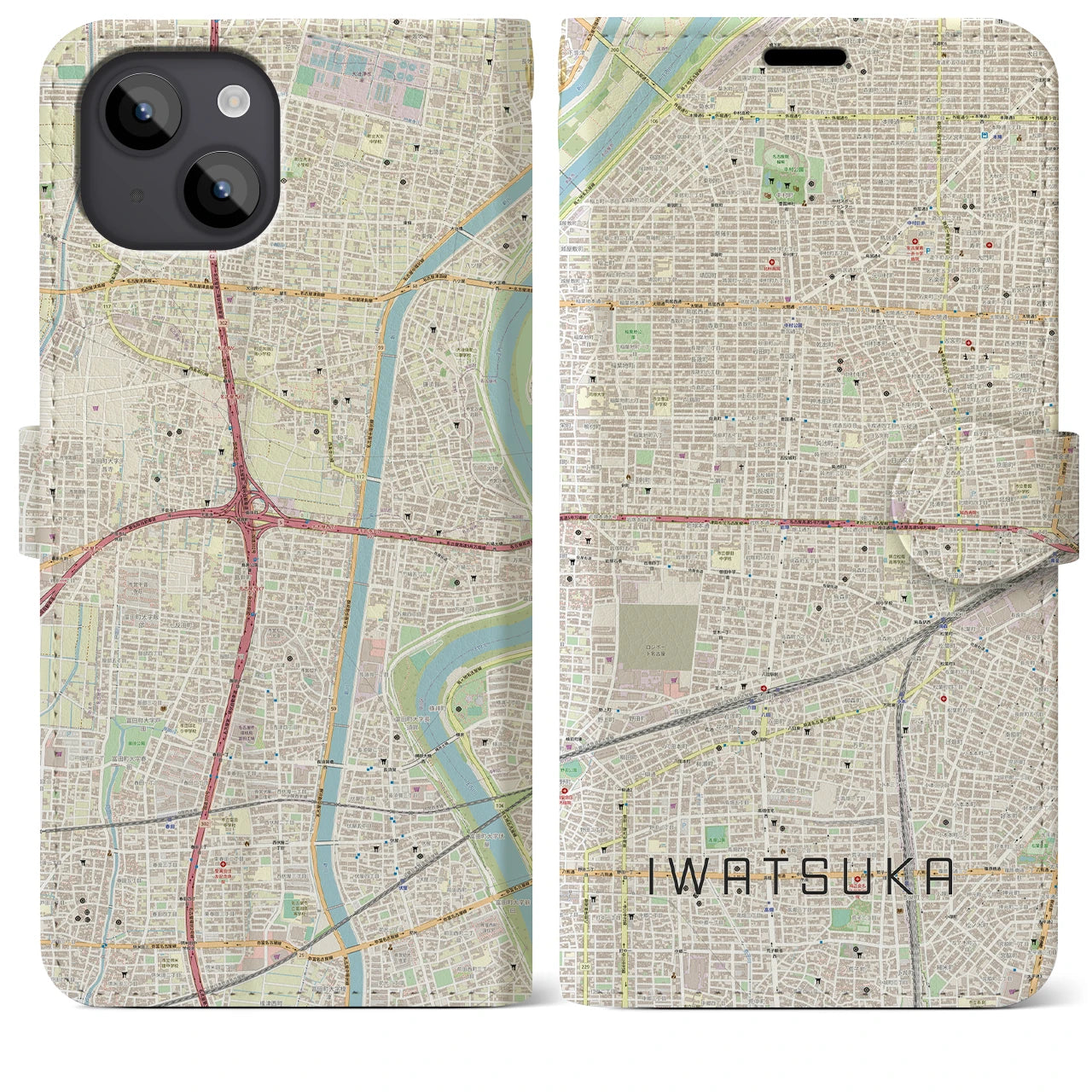 【岩塚】地図柄iPhoneケース（手帳両面タイプ・ナチュラル）iPhone 14 Plus 用