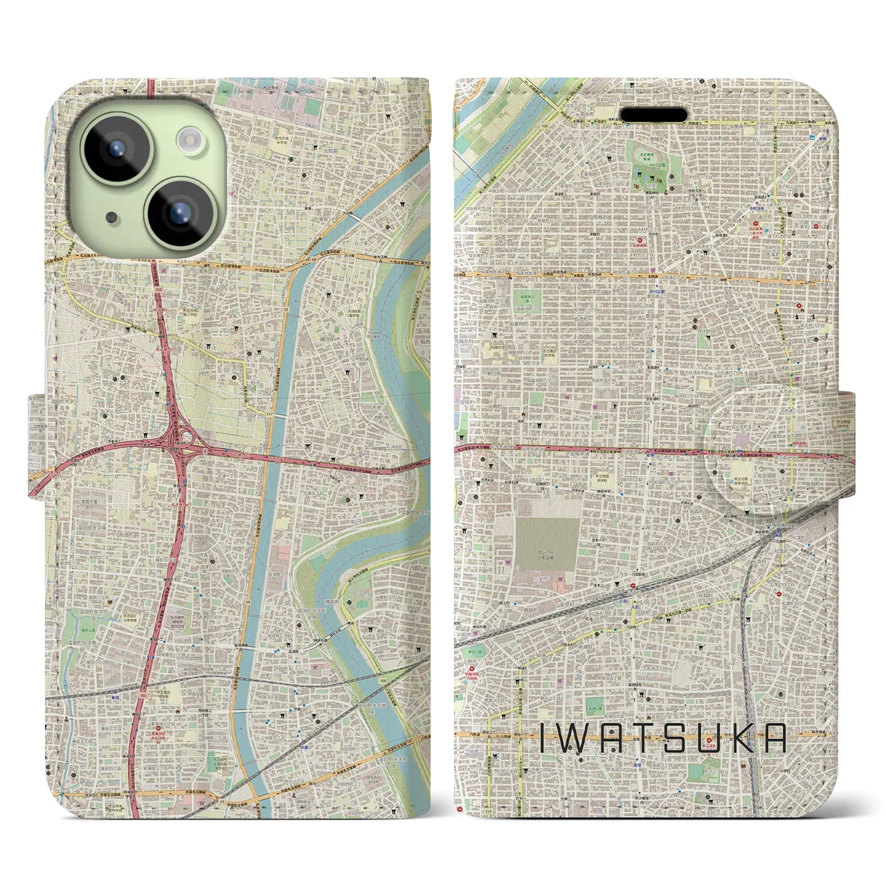 【岩塚】地図柄iPhoneケース（手帳両面タイプ・ナチュラル）iPhone 15 用