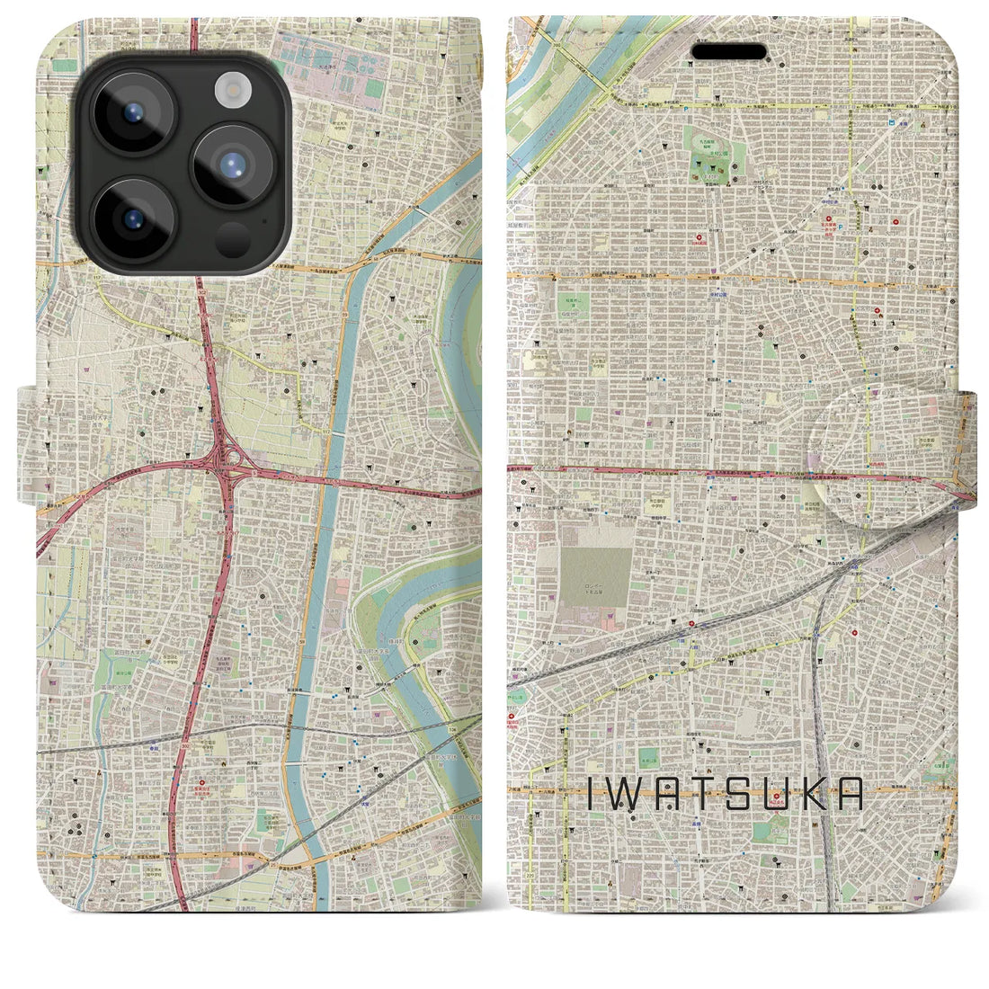 【岩塚】地図柄iPhoneケース（手帳両面タイプ・ナチュラル）iPhone 15 Pro Max 用