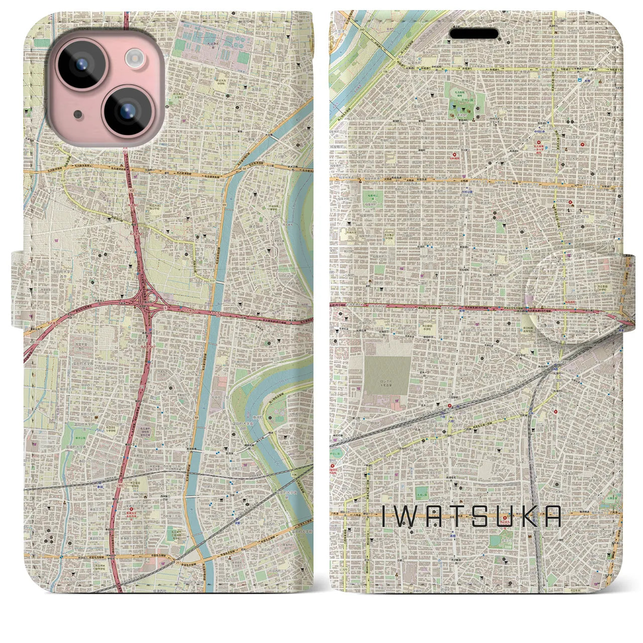 【岩塚】地図柄iPhoneケース（手帳両面タイプ・ナチュラル）iPhone 15 Plus 用